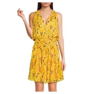 A.L.C. Womens Yellow Floral Print Smocked Waist Tiered Halter Dress Size 6
